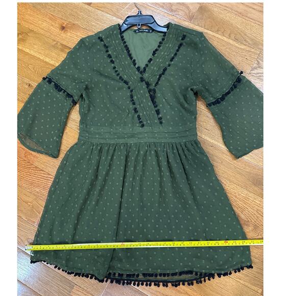 Zara Army Olive Green Swiss Dot Polka Dot Pom Pom Chiffon Mini Dress-Size: Large - Picture 8 of 9